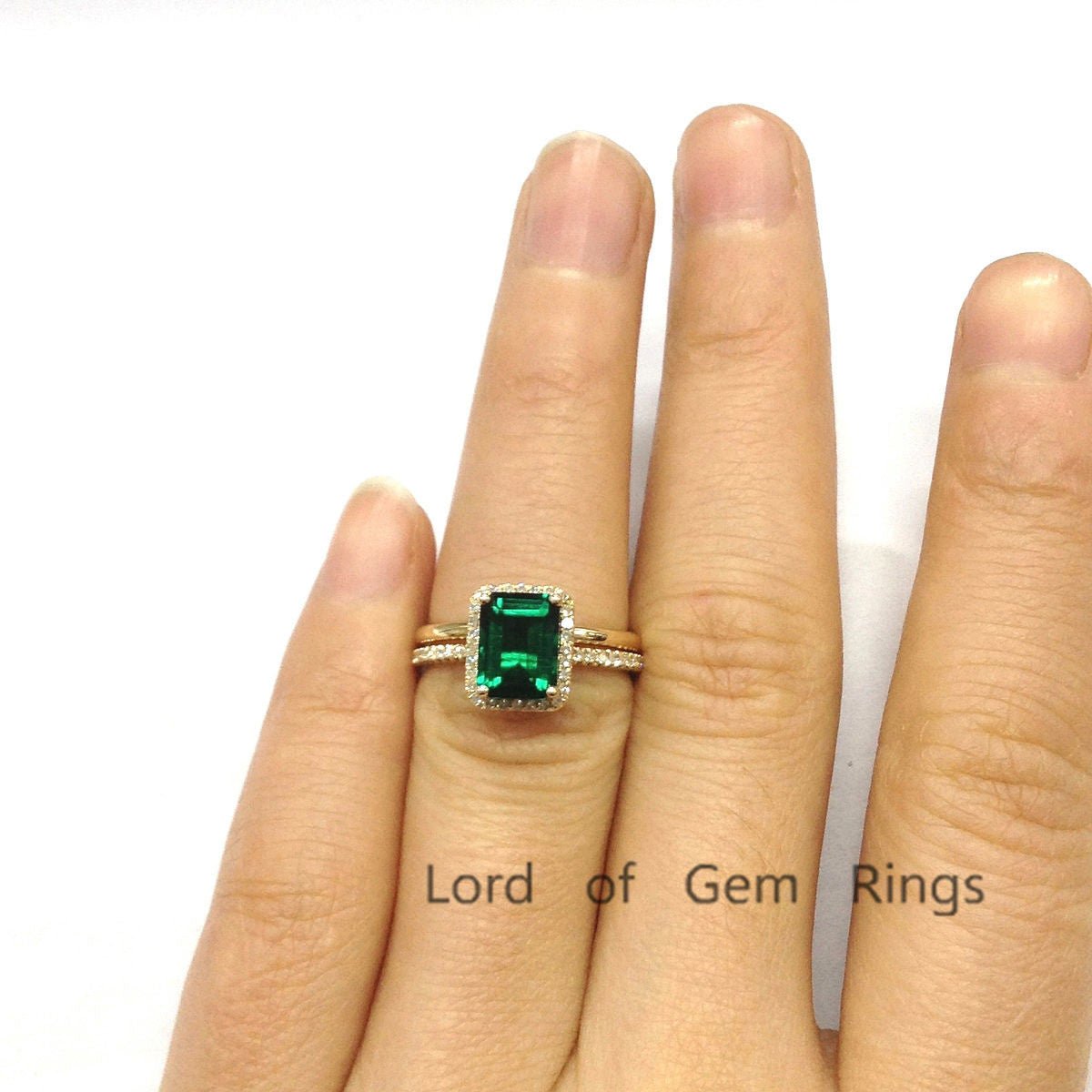 Emerald Shape Emerald Diamond Halo Ring with Plain Gold Band Bridal Set - Lord of Gem Rings