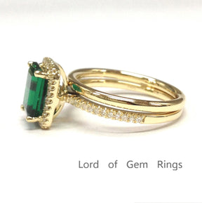 Emerald Shape Emerald Diamond Halo Ring with Plain Gold Band Bridal Set - Lord of Gem Rings