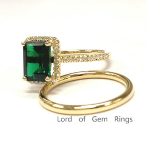 Emerald Shape Emerald Diamond Halo Ring with Plain Gold Band Bridal Set - Lord of Gem Rings