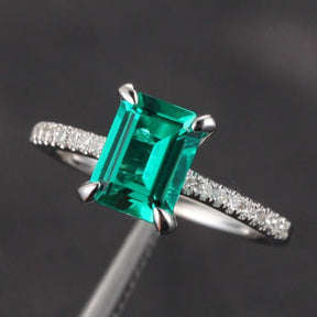 Emerald Shape Emerald Diamond Hidden Halo Engagement Ring - Lord of Gem Rings