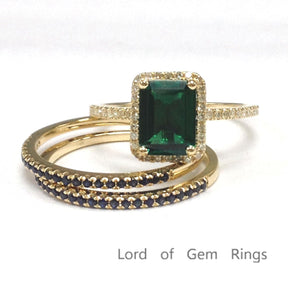 Emerald Shape Emerald Diamond Sapphire Trio Bridal Set 14K Yellow Gold - Lord of Gem Rings