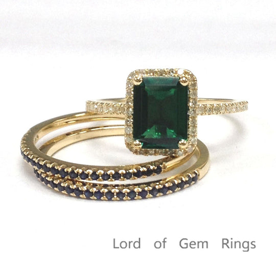 Emerald Shape Emerald Diamond Sapphire Trio Bridal Set 14K Yellow Gold