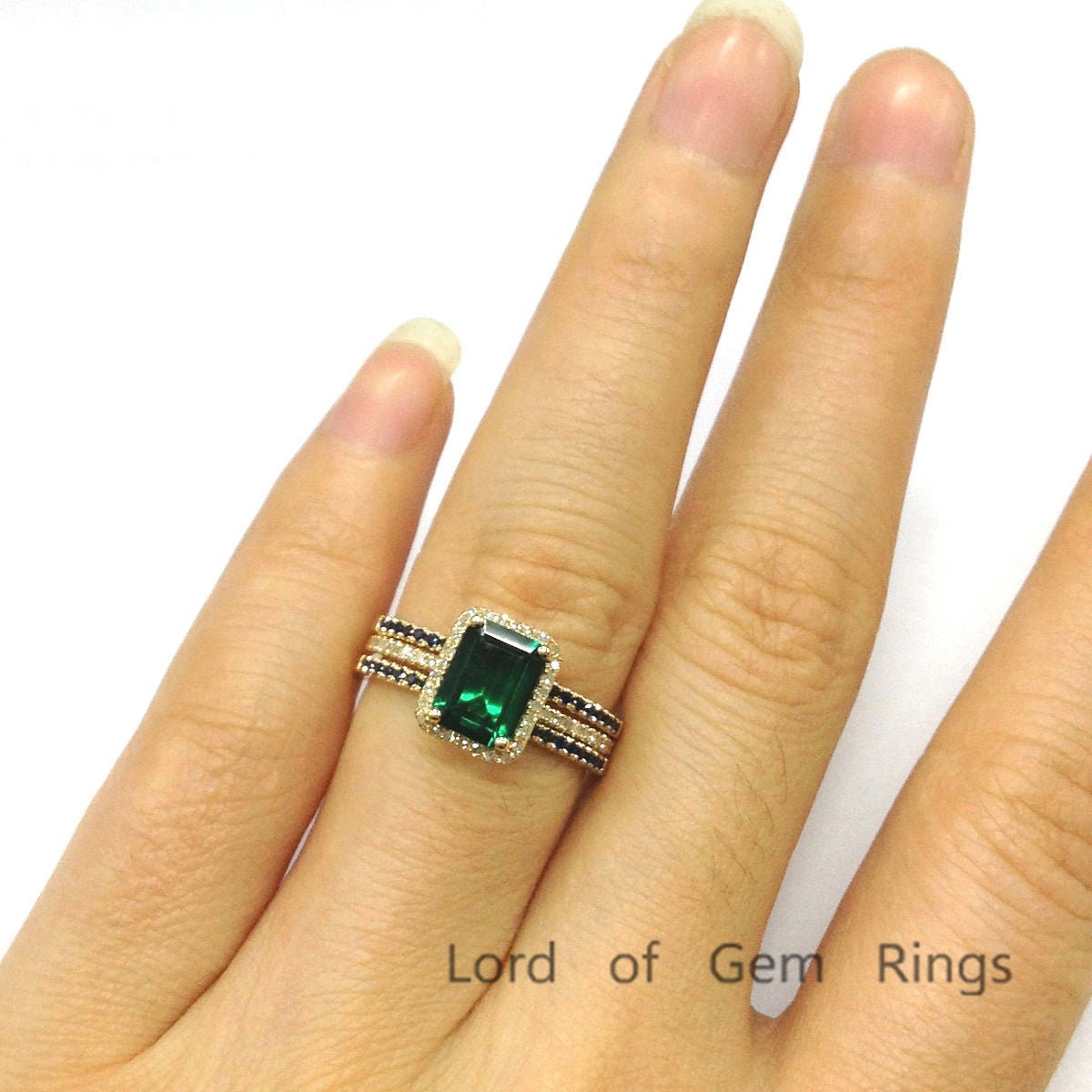 Emerald Shape Emerald Diamond Sapphire Trio Bridal Set 14K Yellow Gold - Lord of Gem Rings