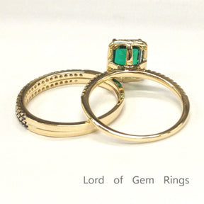 Emerald Shape Emerald Diamond Sapphire Trio Bridal Set 14K Yellow Gold - Lord of Gem Rings