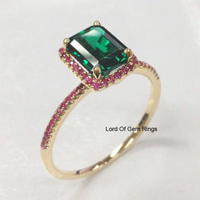 Emerald Shape Emerald Halo Ring with Ruby Accents 14K Yellow Gold - Lord of Gem Rings