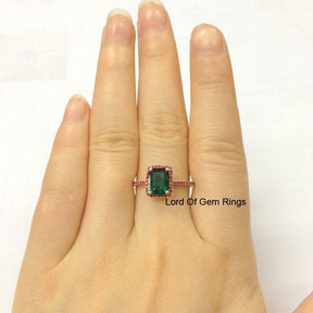 Emerald Shape Emerald Halo Ring with Ruby Accents 14K Yellow Gold - Lord of Gem Rings
