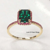 Emerald Shape Emerald Halo Ring with Ruby Accents 14K Yellow Gold - Lord of Gem Rings