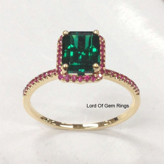 Emerald Shape Emerald Halo Ring with Ruby Accents 14K Yellow Gold