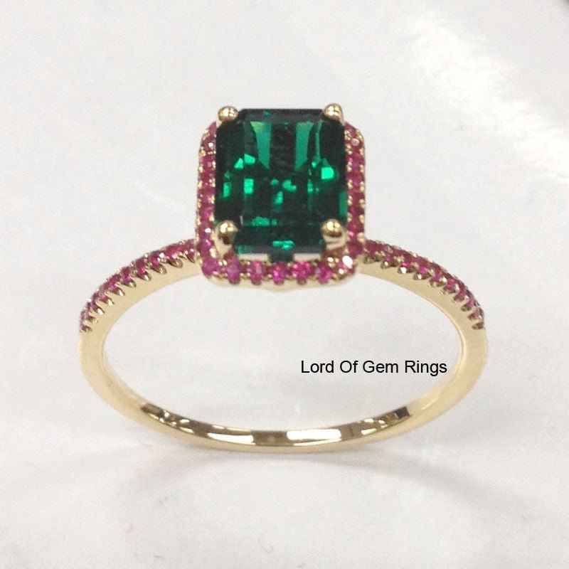 Emerald Shape Emerald Halo Ring with Ruby Accents 14K Yellow Gold - Lord of Gem Rings