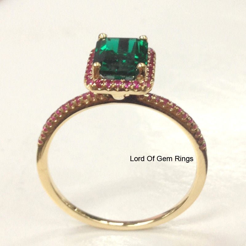 Emerald Shape Emerald Halo Ring with Ruby Accents 14K Yellow Gold - Lord of Gem Rings