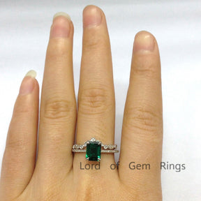 Emerald Shape Emerald Ring Art Deco Diamond Chevron Band Bridal Set - Lord of Gem Rings