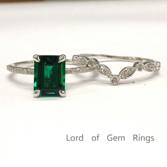 Emerald Shape Emerald Ring Art Deco Diamond Chevron Band Bridal Set