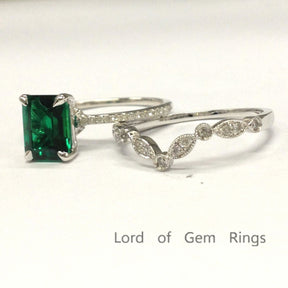 Emerald Shape Emerald Ring Art Deco Diamond Chevron Band Bridal Set - Lord of Gem Rings