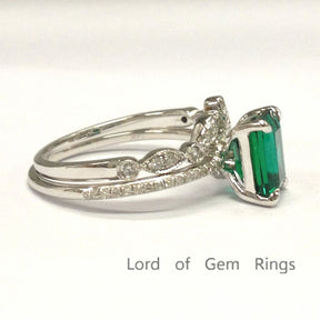 Emerald Shape Emerald Ring Art Deco Diamond Chevron Band Bridal Set - Lord of Gem Rings