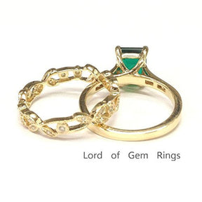 Emerald Shape Emerald Ring Diamond Vintage Vine Band Bridal Set - Lord of Gem Rings