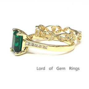 Emerald Shape Emerald Ring Diamond Vintage Vine Band Bridal Set - Lord of Gem Rings