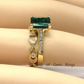 Emerald Shape Emerald Ring Diamond Vintage Vine Band Bridal Set - Lord of Gem Rings