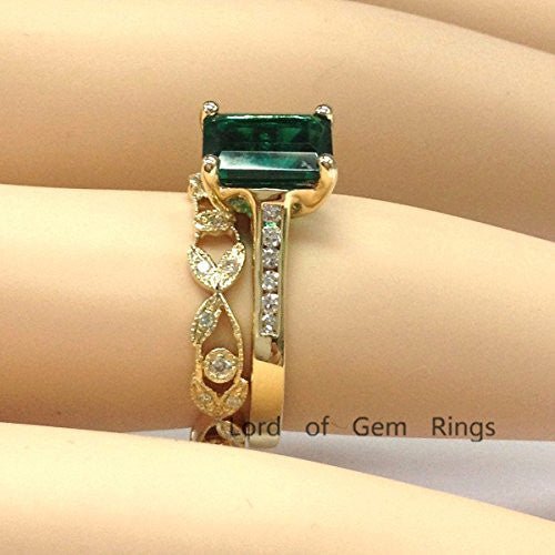 Emerald Shape Emerald Ring Diamond Vintage Vine Band Bridal Set - Lord of Gem Rings