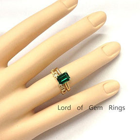Emerald Shape Emerald Ring Diamond Vintage Vine Band Bridal Set - Lord of Gem Rings