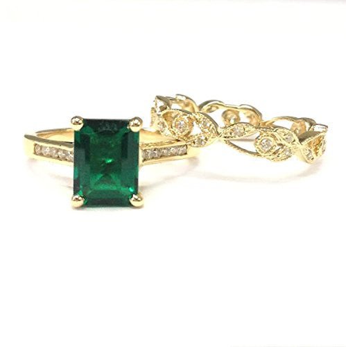Emerald Shape Emerald Ring Diamond Vintage Vine Band Bridal Set