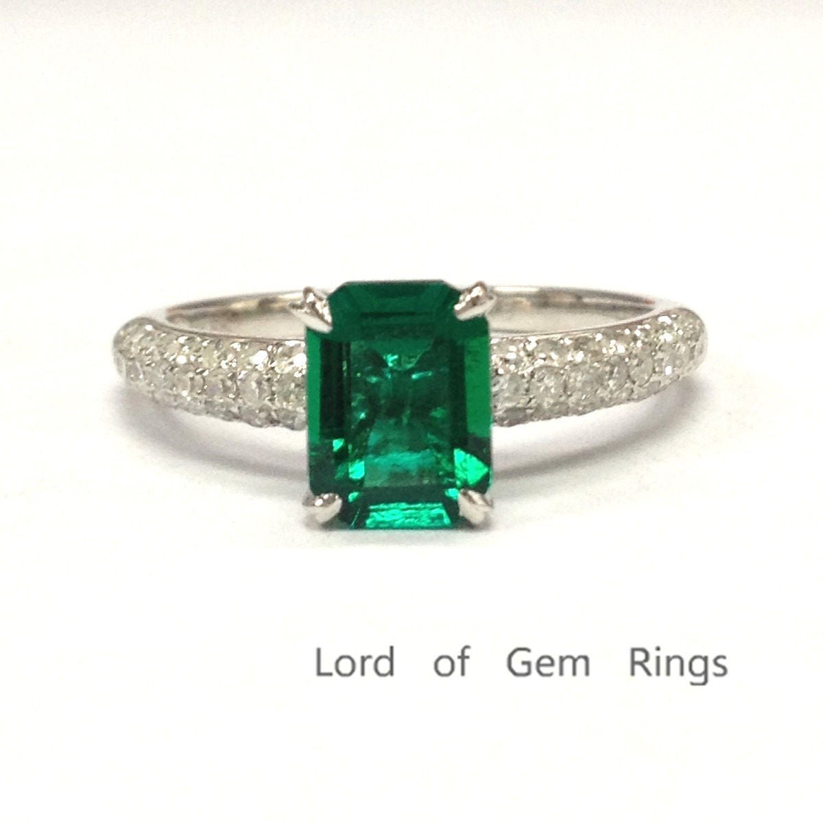Emerald Rrr Emerald shape Emerald Ring Triple-Row Diamond Shank 14K White Gold