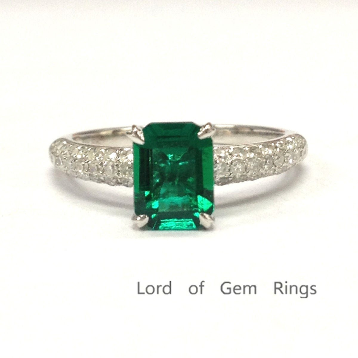 Emerald shape Emerald Ring Triple-Row Diamond Shank 14K White Gold - Lord of Gem Rings