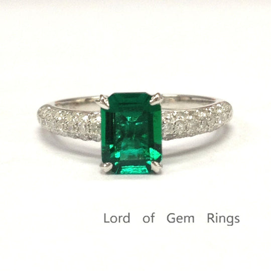 Emerald shape Emerald Ring Triple-Row Diamond Shank 14K White Gold