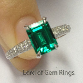 Emerald shape Emerald Ring Triple-Row Diamond Shank 14K White Gold - Lord of Gem Rings