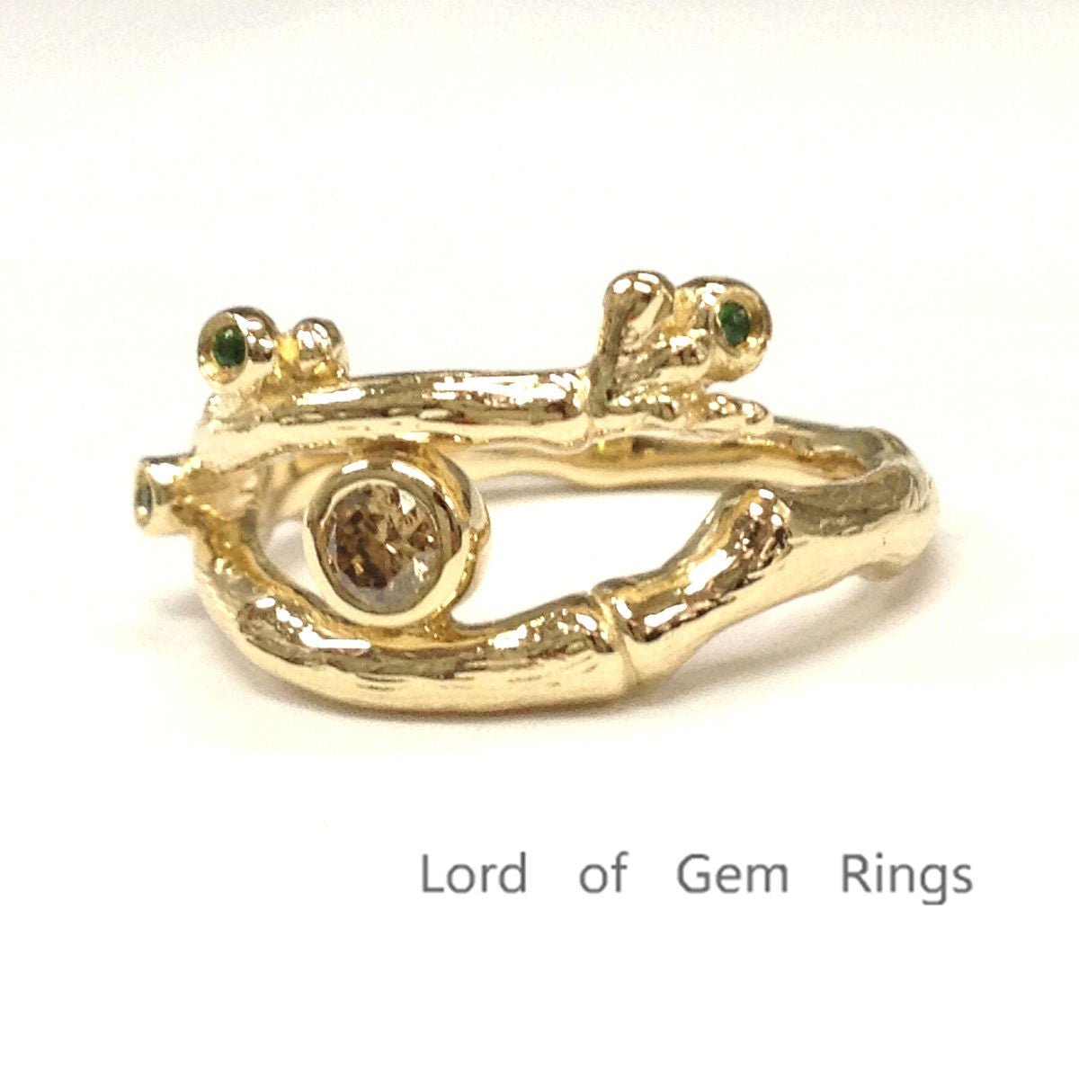 Emerald Vine Bezel Chocolate Diamond Wedding Ring 14K Yellow Gold Hand Crafted - Lord of Gem Rings