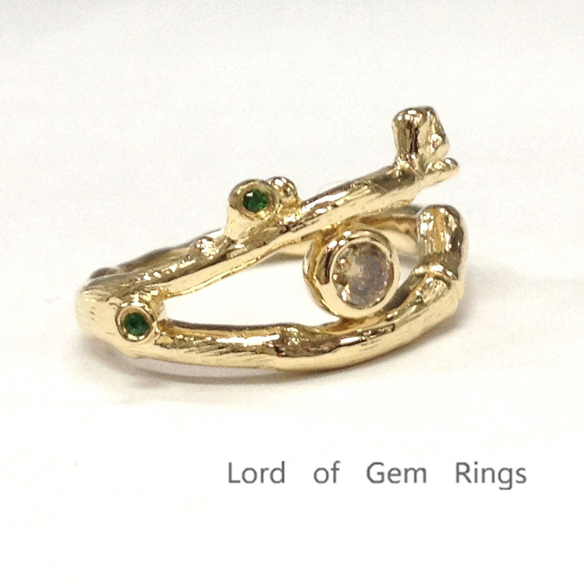 Emerald Vine Bezel Chocolate Diamond Wedding Ring 14K Yellow Gold Hand Crafted - Lord of Gem Rings