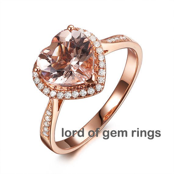 Engravable Heart Morganite Diamond Halo Engagement Ring - Lord of Gem Rings