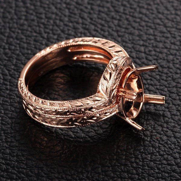 Filigree Engagement Semi Mount Ring Set 14K Rose Gold Setting, Oval 7x9mm - Lord of Gem Rings