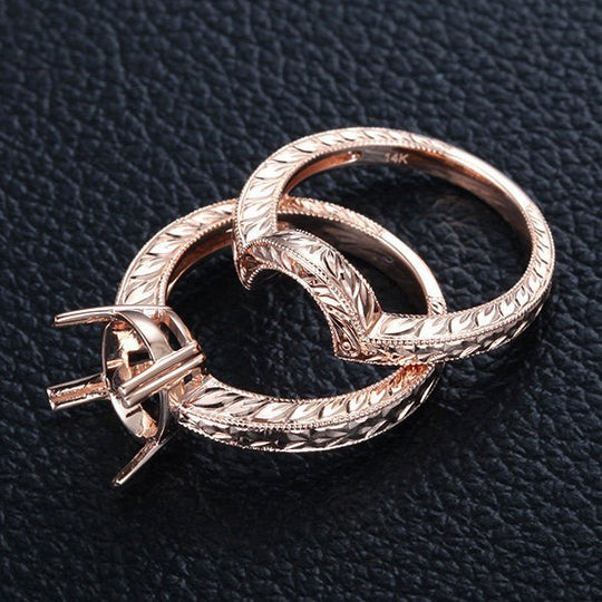 Filigree Engagement Semi Mount Ring Set 14K Rose Gold Setting, Oval 7x9mm