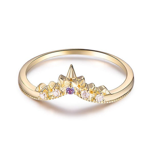 Five-Stone Alexandrite Diamond Chevron Crown Ring Milgrain June Birthstone Band