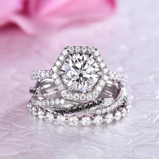 Floating Twisted Hexagon Diamond Halo Moissanite Trio Bridal Set