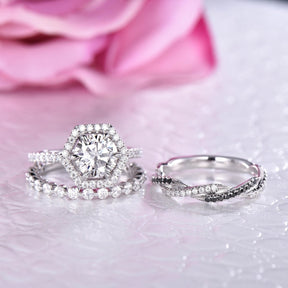 Floating Twisted Hexagon Diamond Halo Moissanite Trio Bridal Set - Lord of Gem Rings