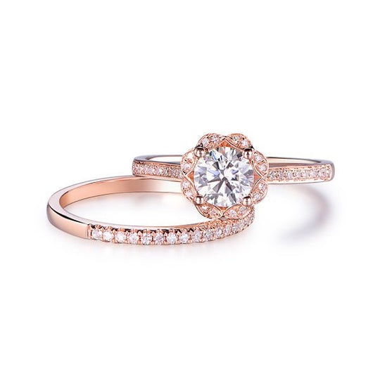 Floral Halo 5.5mm Round Moissanite Diamond Bridal Set 14K Rose Gold