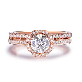 Floral Halo 5.5mm Round Moissanite Diamond Bridal Set 14K Rose Gold - Lord of Gem Rings