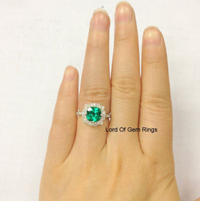 Floral Halo Round Emerald Cathedral Ring - Lord of Gem Rings