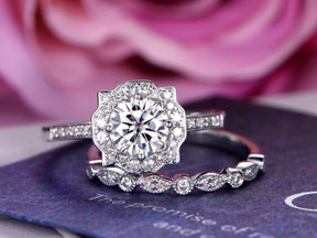 Floral Halo Round Moissanite Cathedral Bridal Set Art Deco Wedding Band - Lord of Gem Rings