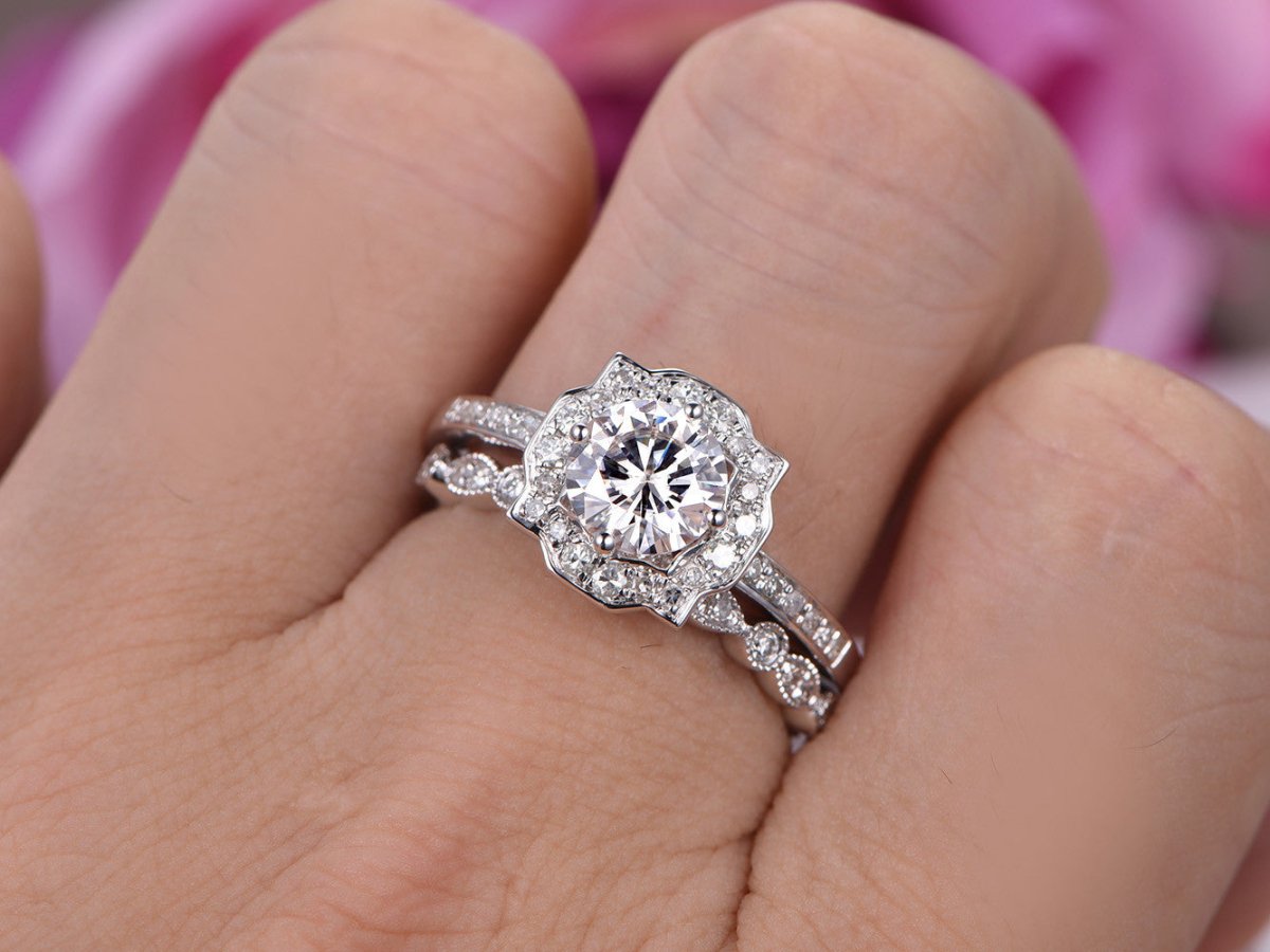 Floral Halo Round Moissanite Cathedral Bridal Set Art Deco Wedding Band - Lord of Gem Rings