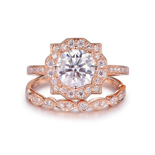 Floral Halo Round Moissanite Cathedral Bridal Set Art Deco Wedding Band