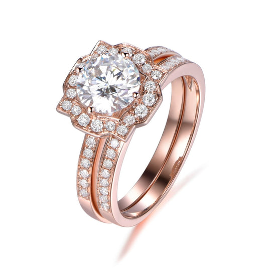 Floral Halo Round Moissanite Cathedral Bridal Set with Accents