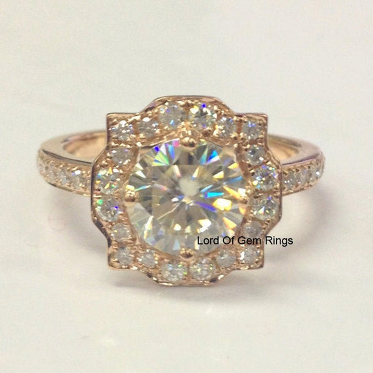 Floral Halo Round Moissanite Cathedral Ring