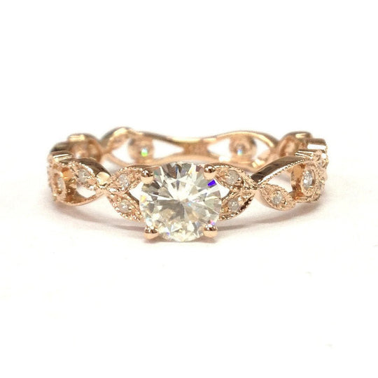 Floral Leaf Round Moissanite Engagement Ring