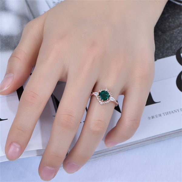 Floral Pear Diamond Halo Round Emerald Engagement Ring - Lord of Gem Rings