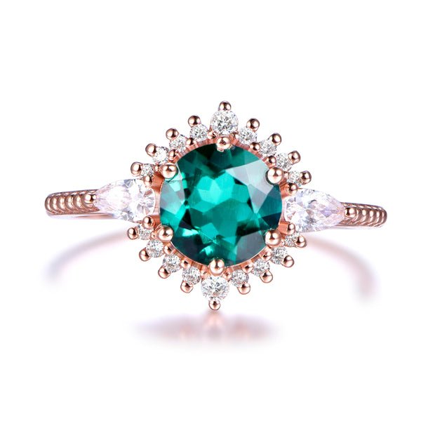 Floral Pear Diamond Halo Round Emerald Engagement Ring - Lord of Gem Rings