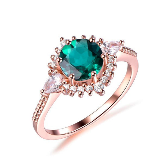 Floral Pear Diamond Halo Round Emerald Engagement Ring