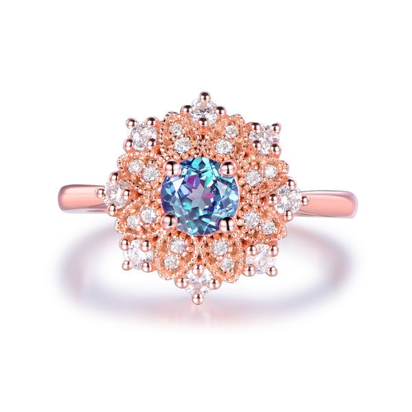 Floral Round Alexandrite Moissanite Engagement Ring 14K Rose Gold - Lord of Gem Rings