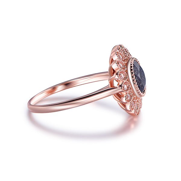 Floral Round Blue Sandstone Diamond Halo Engagement Ring 14K Rose Gold - Lord of Gem Rings